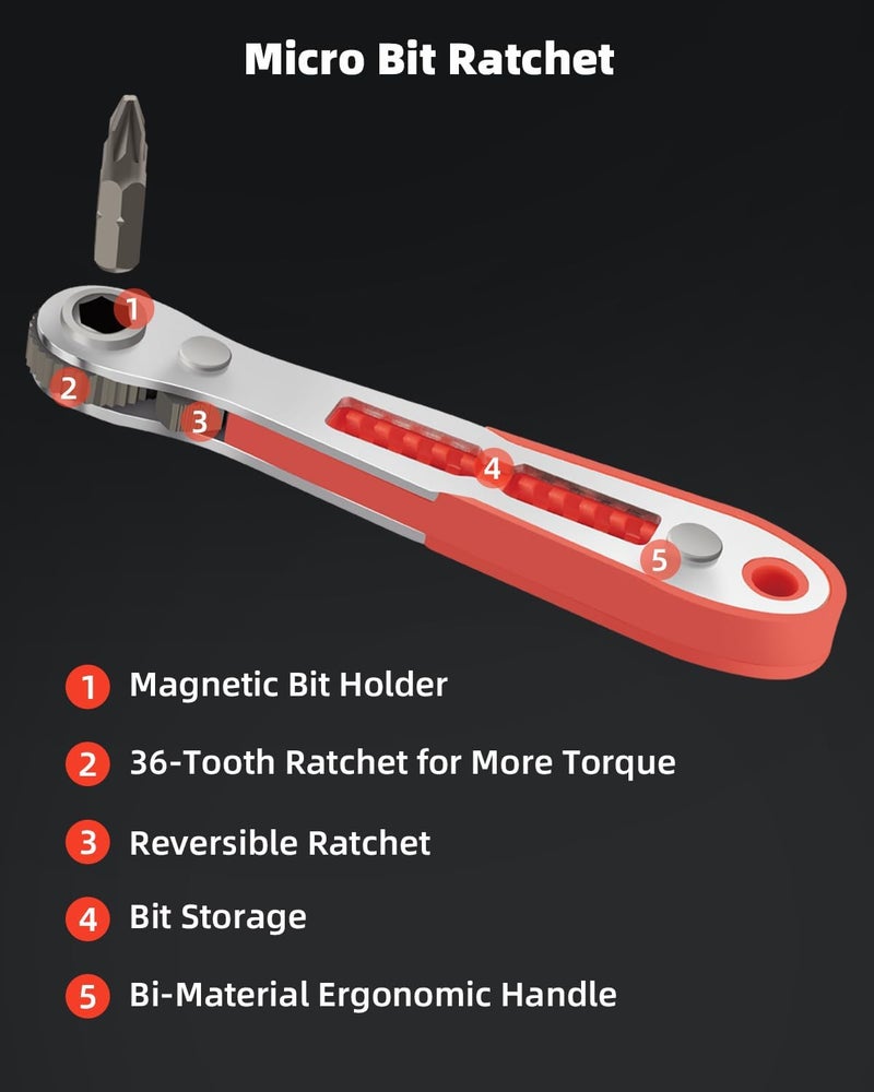 ROTATION 16pc Bit Set with 1/4 Mini Ratchet Offset Right Angle Screwdriver, Reversible Drive Handle, EDC Tool for Tight Spaces Automotive, Electronics & DIY Repair - Image 4